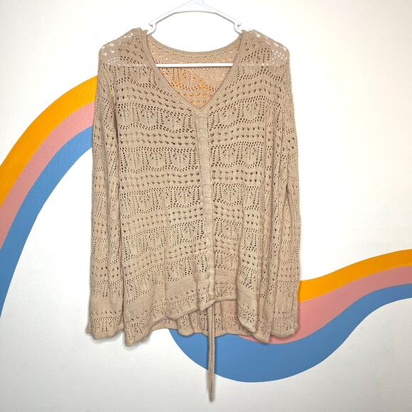 Boho Cinch Front Crochet Top XL V Neck Knit Ruched Tie Long Sleeve Cream Womens - Picture 7 of 7